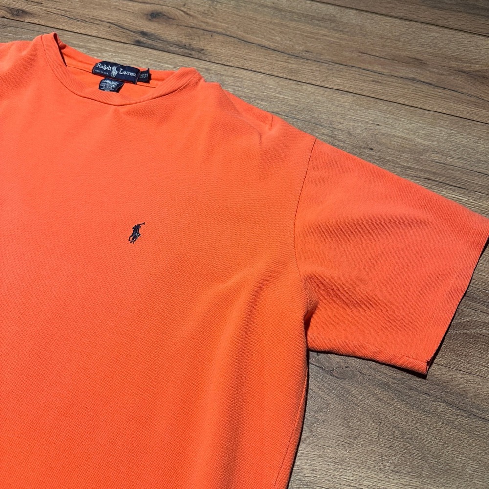 Ralph Lauren T-Shirt Mens XL Orange Pique Knit Crewneck Pony Logo Made in USA
